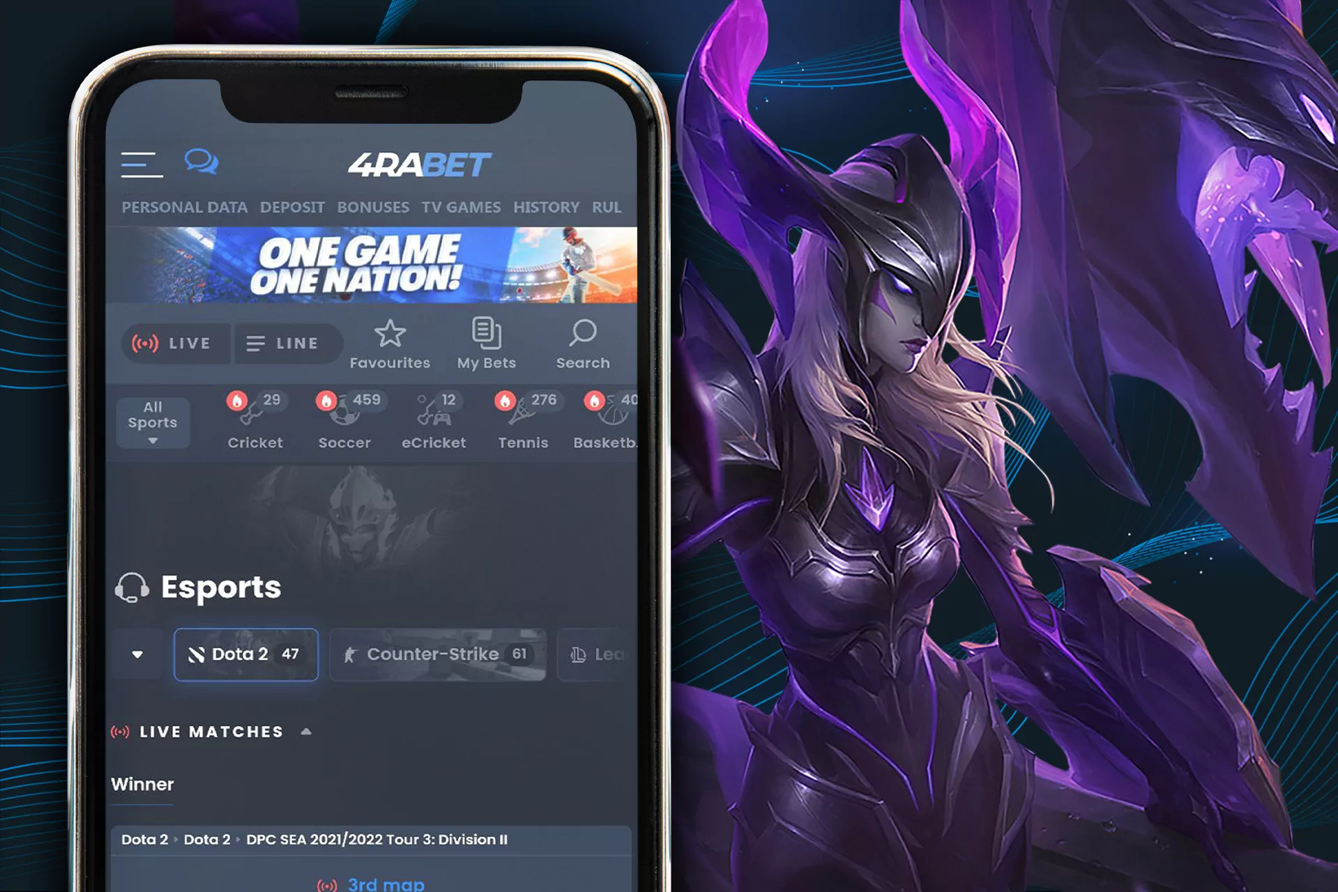 There is a separate section with live matches, where you can follow the game of any team and make live bets on esports.