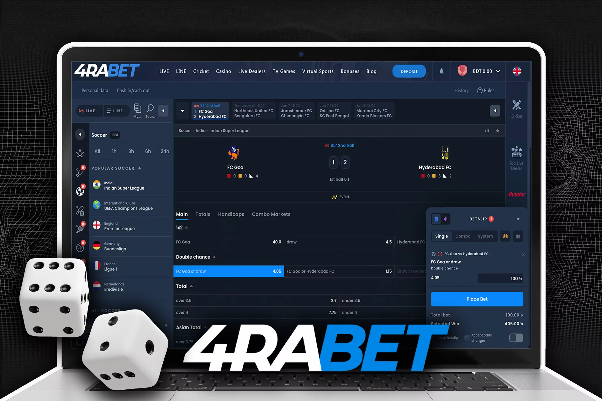 Register at the 4rabet website, choose a match and place a bet.