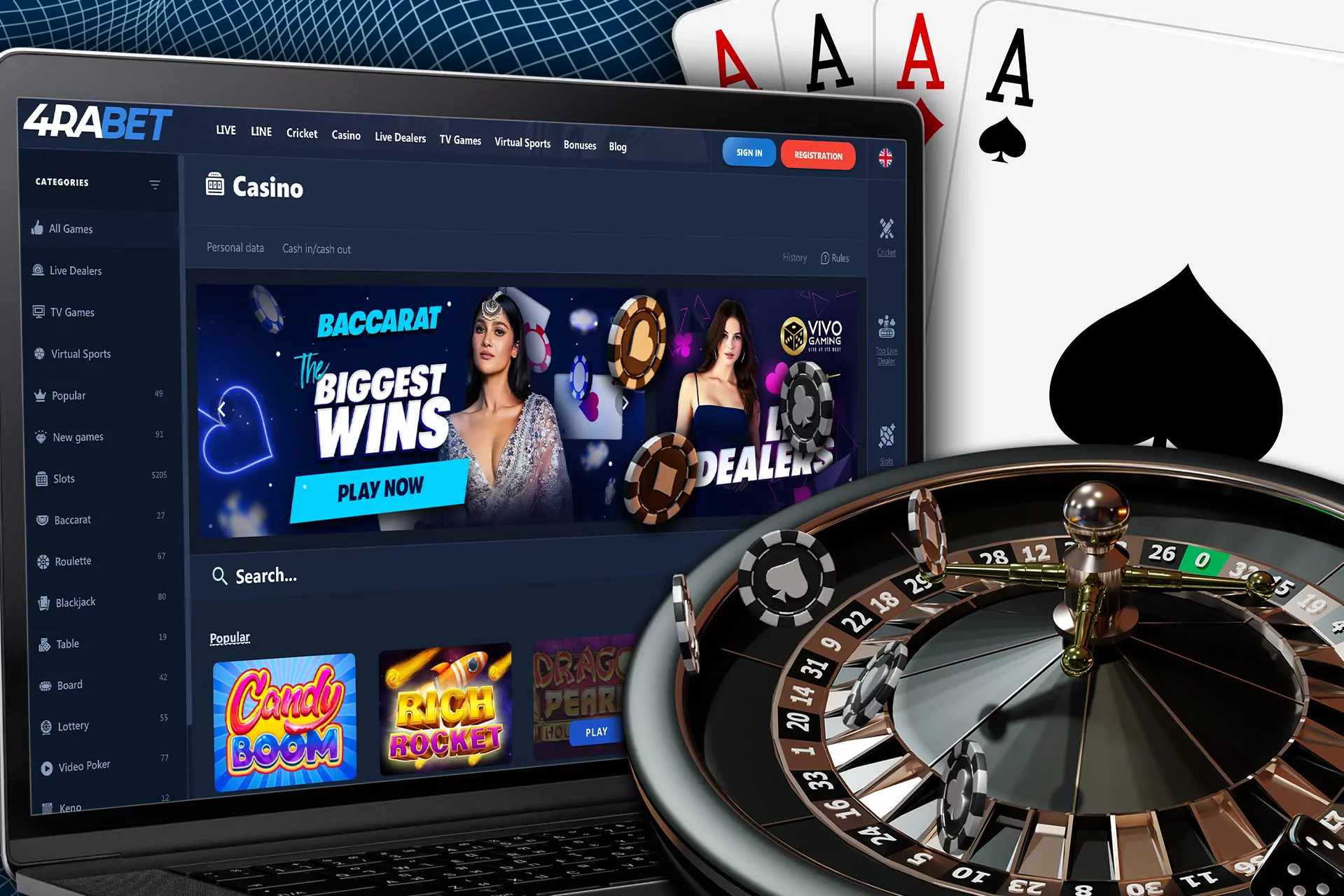 Play online casino games right on the 4rabet website.