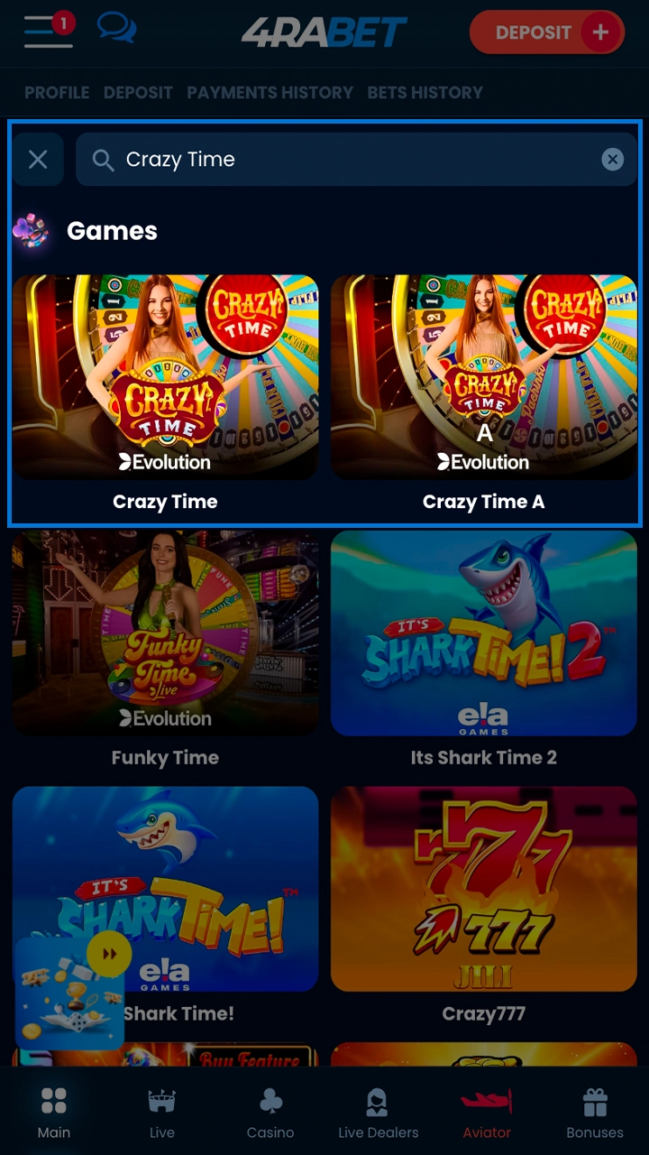 Use the search bar to find Crazy Time at 4Rabet.