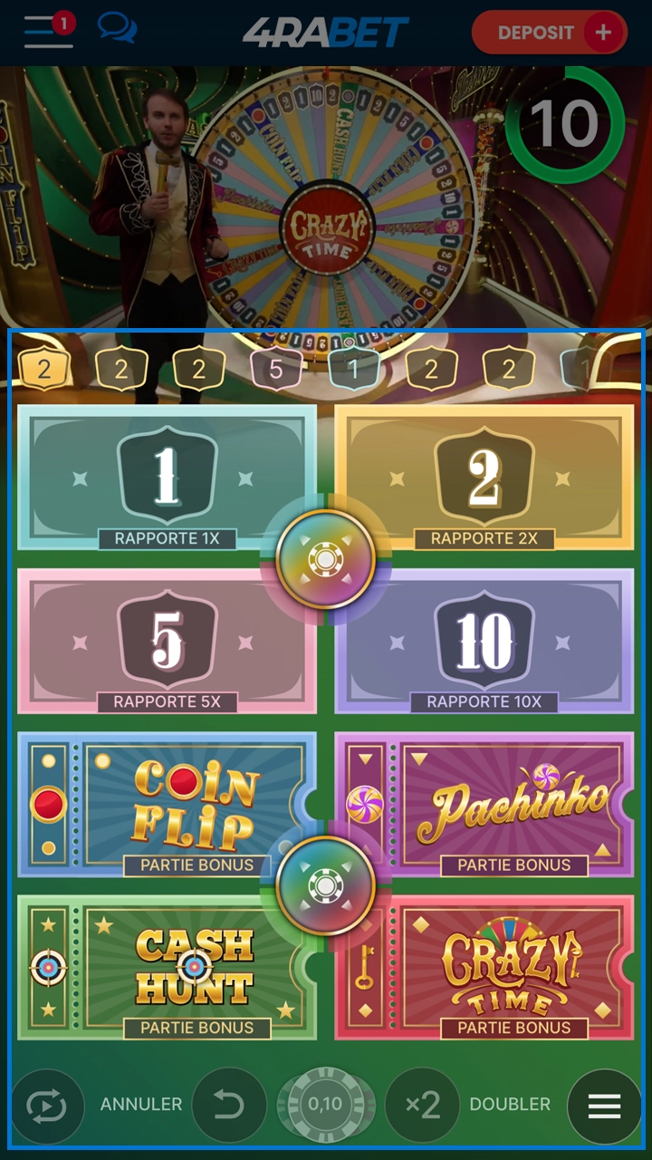 Pick a bet and place it at Crazy Time at 4Rabet.