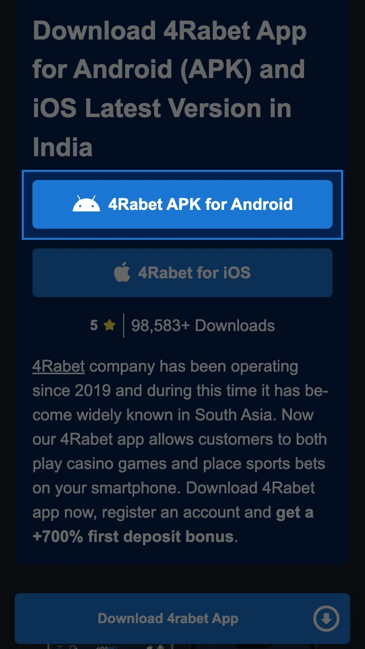 At the top of the page, click on the install button for the 4Rabet app.