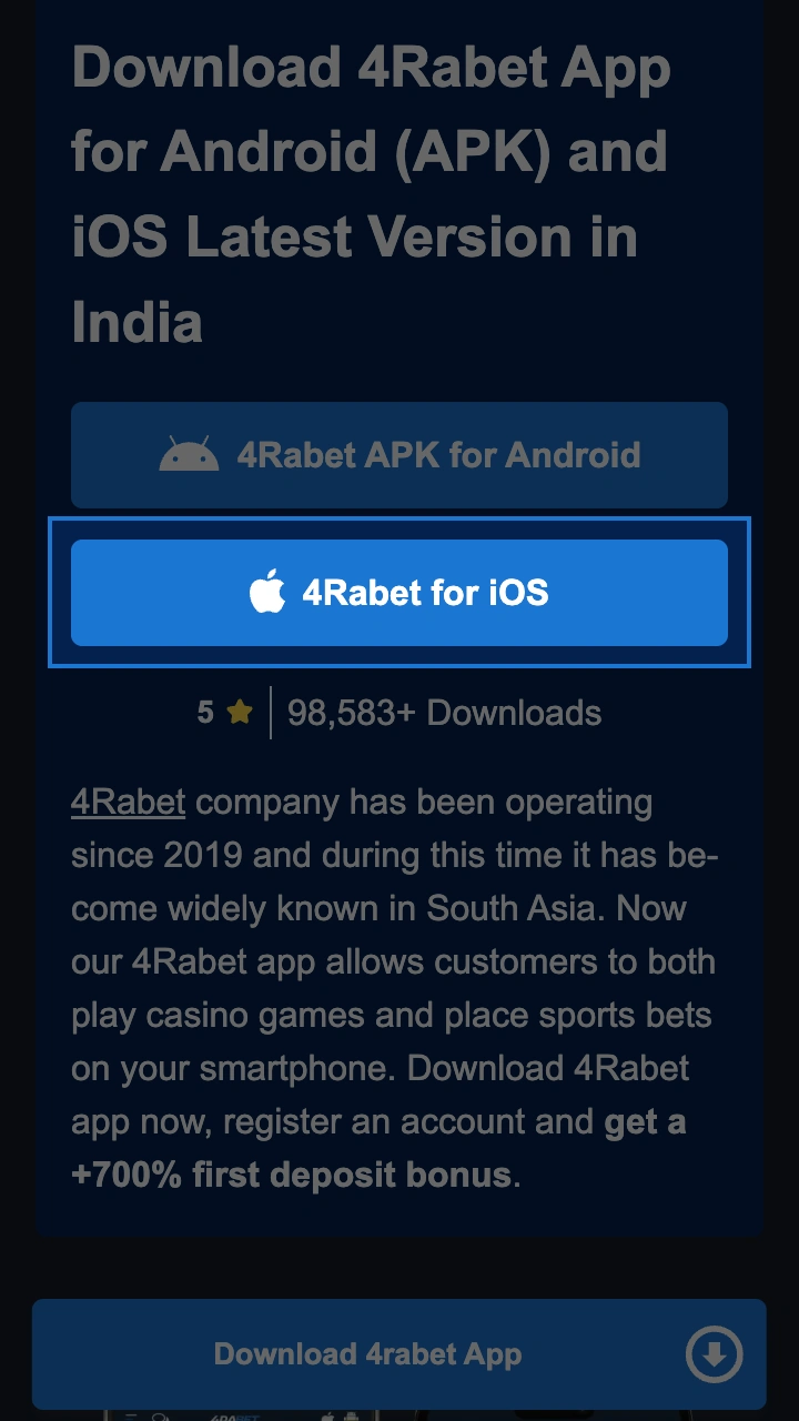 Click on the 4Rabet install button to go to the website.