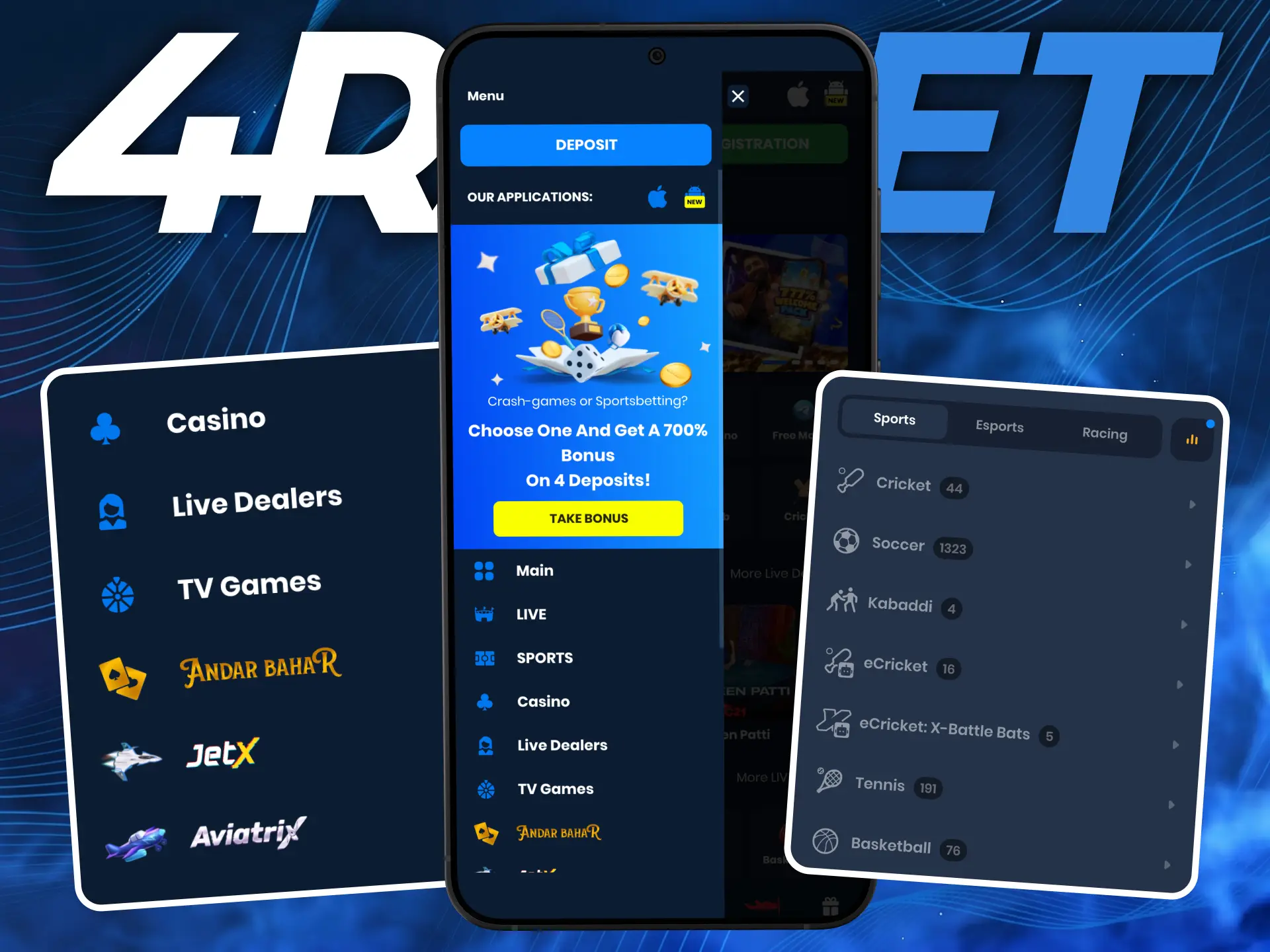 Use the menu navigation to select a match or game in 4Rabet.