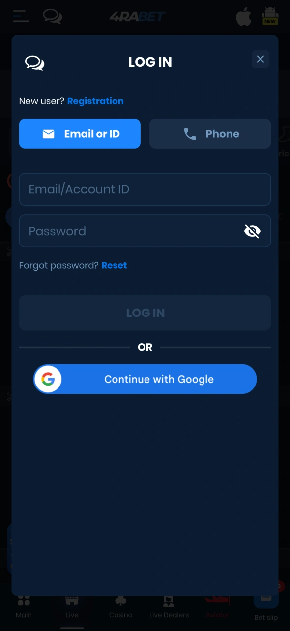 Log in to your account to start betting at 4Rabet.