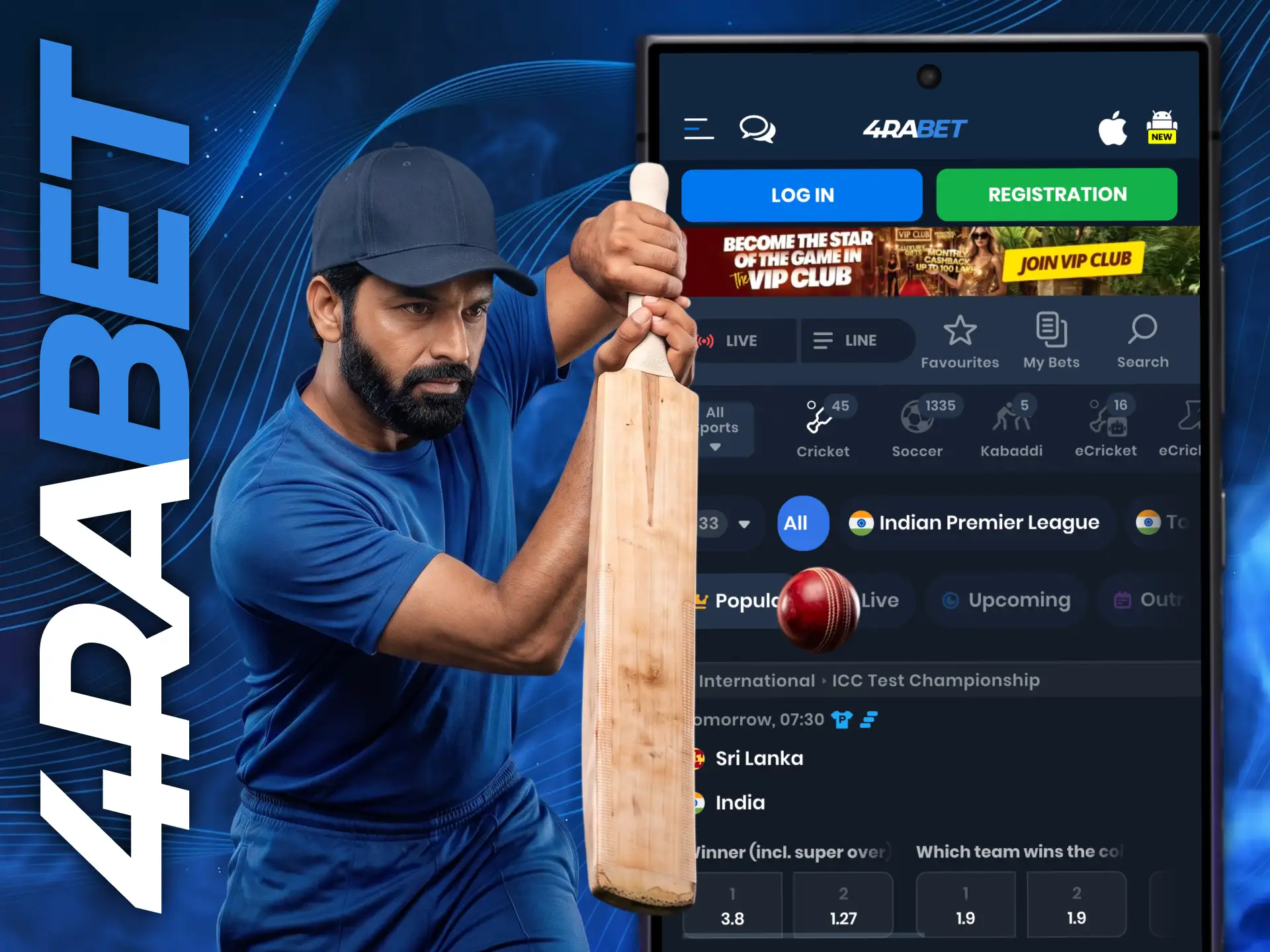 Bet on your cricket favorites with the 4Rabet app.