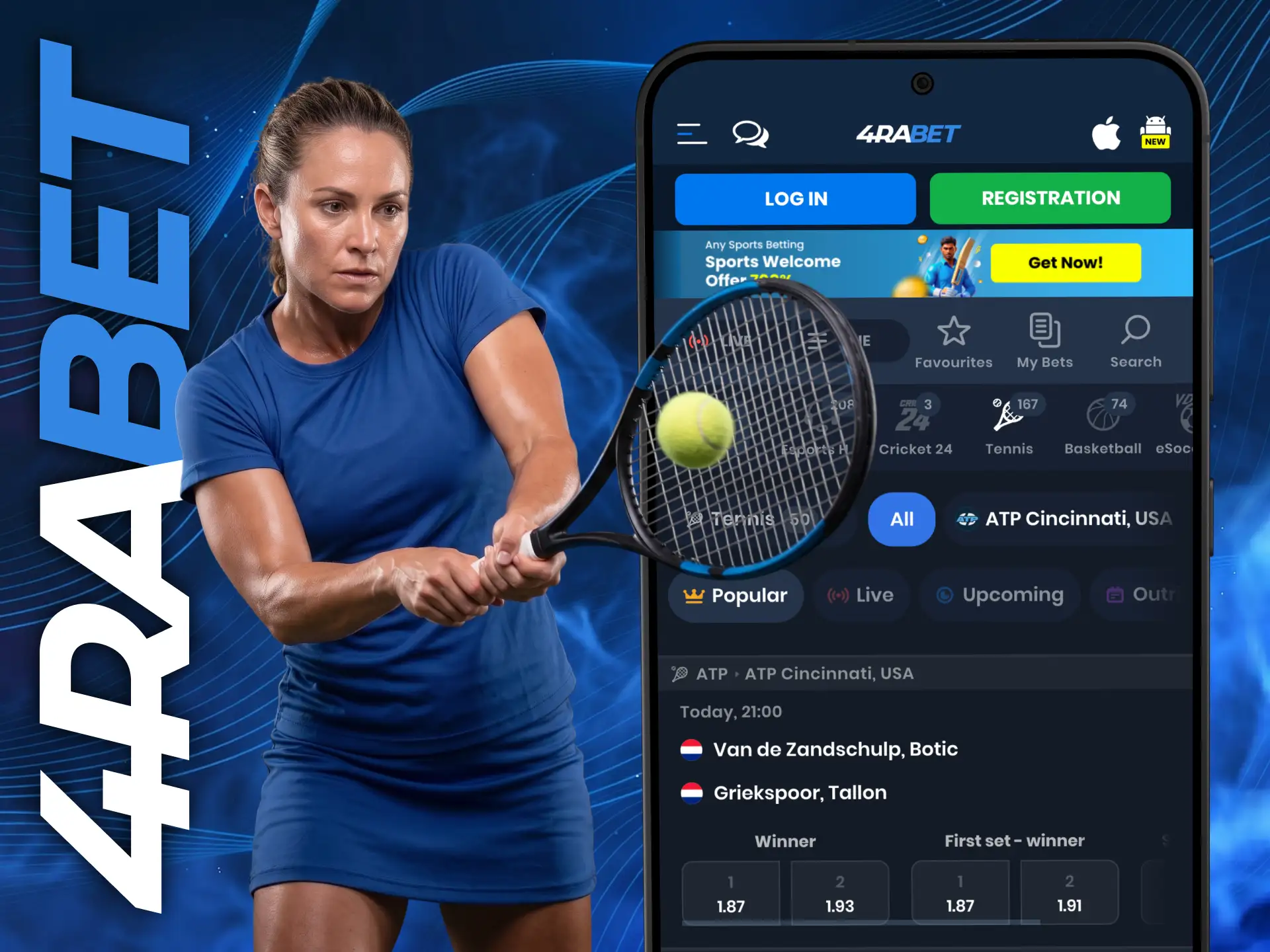 Choose your tennis champion and place your bet with the 4Rabet app.